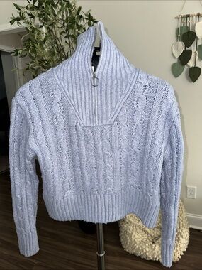Sincerely Jules Light Blue Cable-Knit Half-Zip Turtleneck Sweater